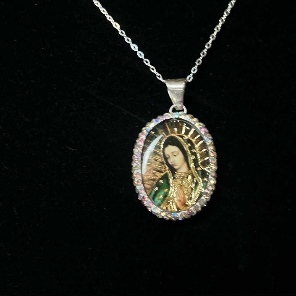Genuine Flowers 925 Sterling Silver AB Crystal Madonna “Mother Mary” Necklace